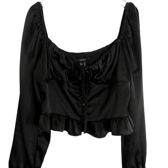 Forever 21 Black Satin Long Sleeve Cropped Tie Front Top Size Medium - Picture 3 of 6